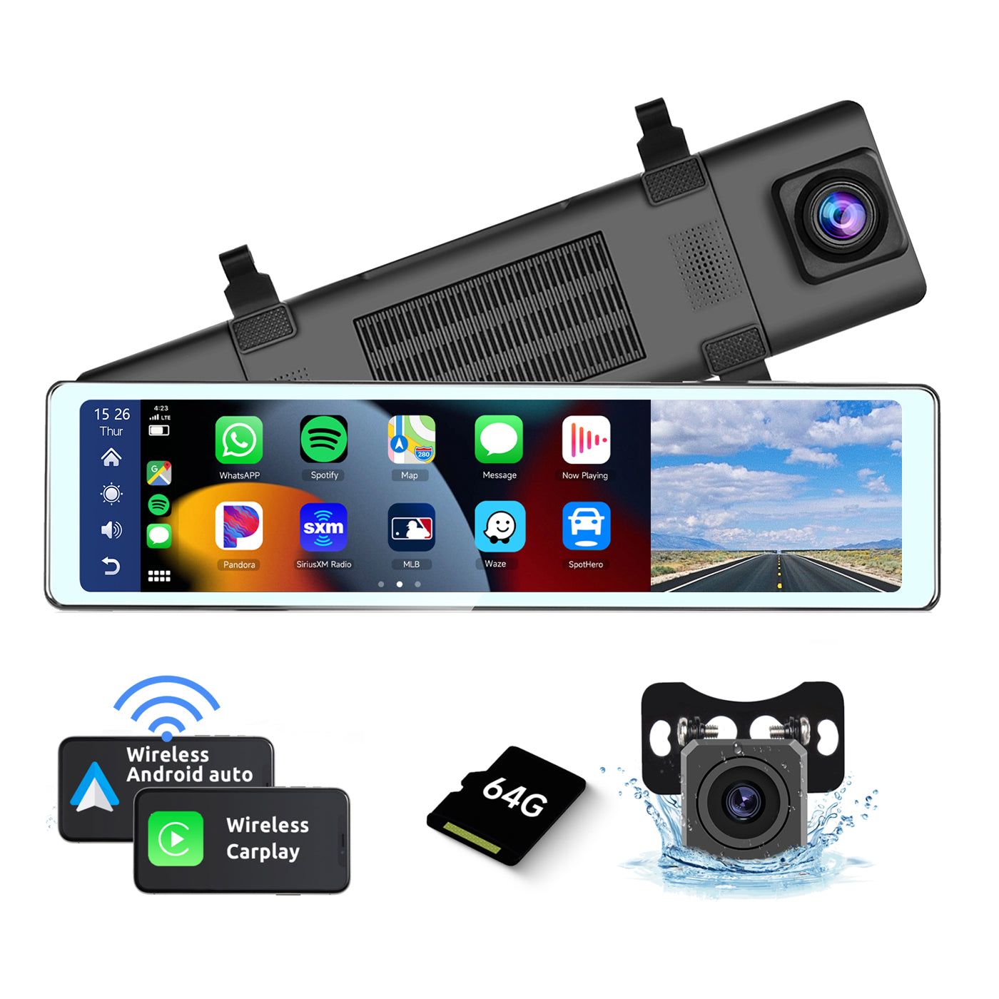 PODOFO 11.26 inch Mirror Dash Camera Wireless Apple CarPlay Android Au