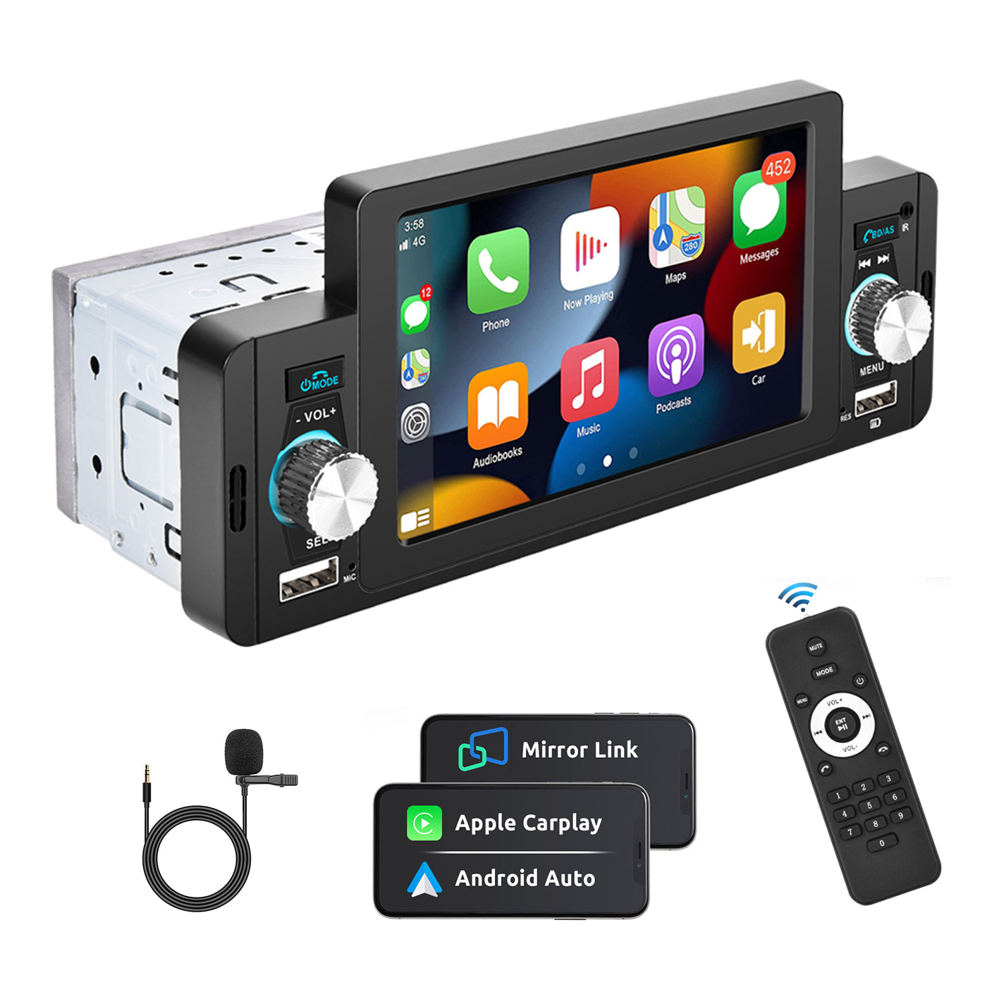 Single DIN Car Stereo with Apple CarPlay Android Auto, 5 inch HD Touchscreen Radio Bluetooth FM, Mirror Link, Backup Camera Input