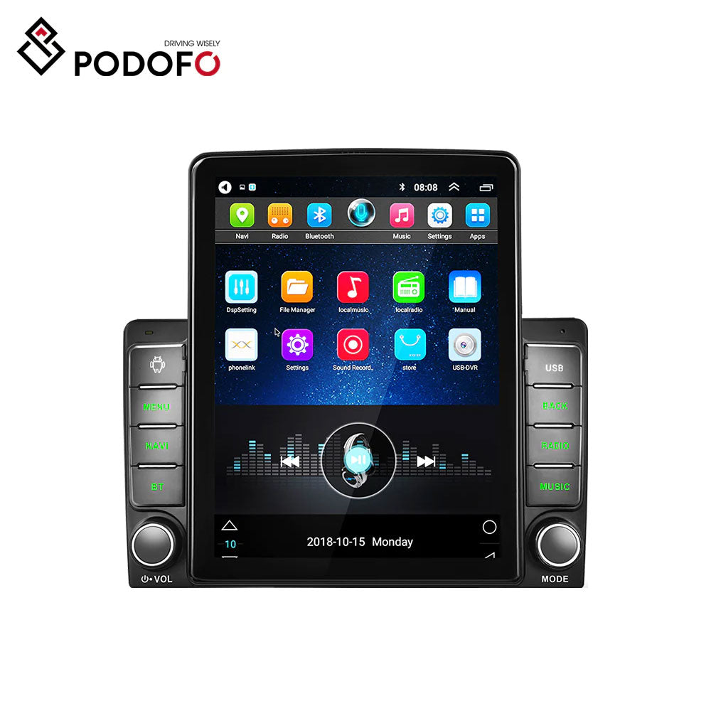 Podofo Car Multimedia Player Android 10 2din GPS 9.5''Vertical Screen HD 1080p 2.5D Tempered Glass Mirror