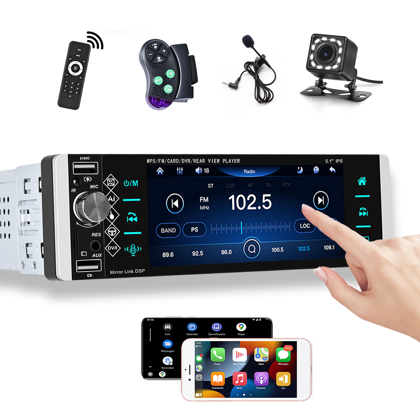 Podofo 1 Din Autoradio mit Carplay Android Auto 5-Touchscreen