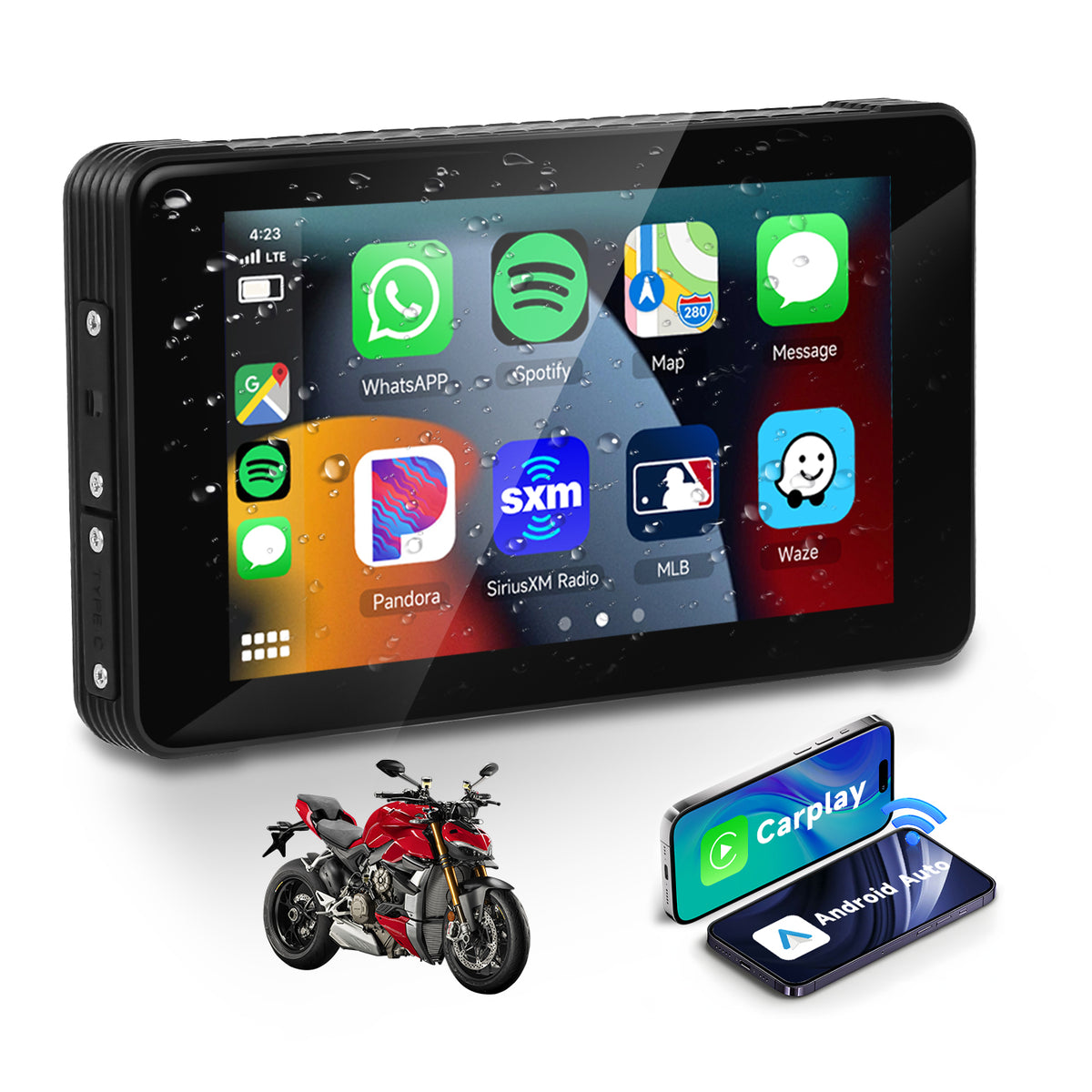 Podofo 5-inch Motorcycle GPS Wireless Carplay Android Auto Screen IP65 Waterproof screen, Dual Bluetooth Connectivity, TF/Type-C for Software Upgrade