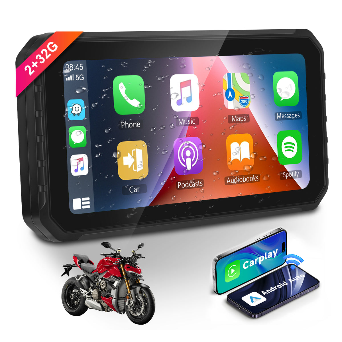 PODOFO 6.2-inch 2+32G Android 13.0 Motorcycle Carplay Portable Android Auto Player Supports WIFI, Bluetooth connectivity, Aux audio, TF Card With GPS receiver