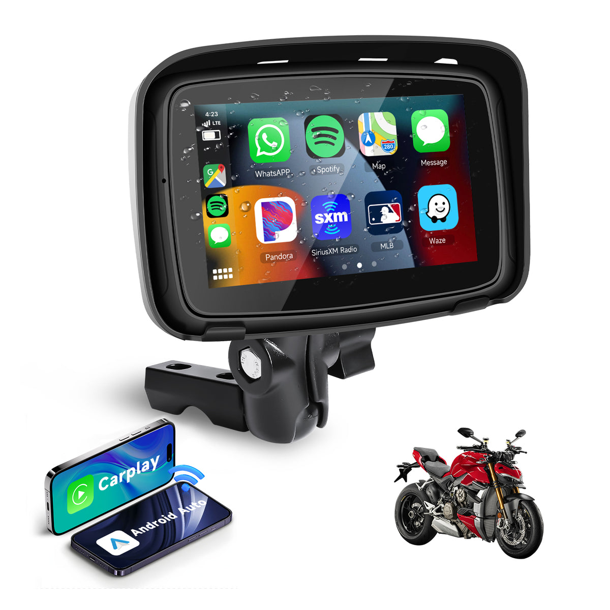 Podofo Portable Wireless CarPlay for Motorcycle Navigator 5 inch IPS Touch Screen Waterproof Andriod Auto Player for Motorcycle Work with Headset 12-24V