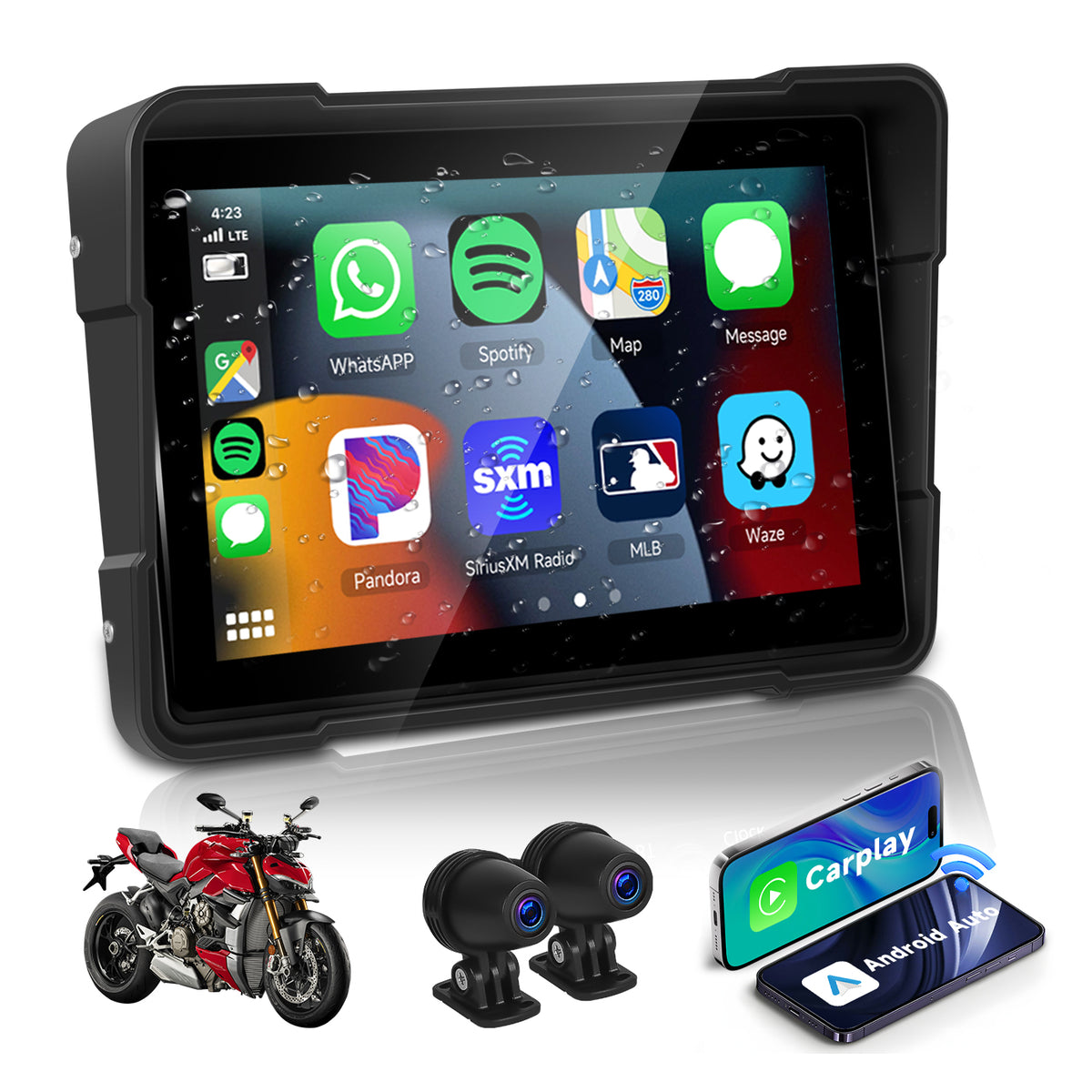 Podofo 5-inch Motorcycle Carplay Wireless Android Auto Screen IP67 Waterproof screen, Dual Bluetooth system, Support DVR Two Cameras