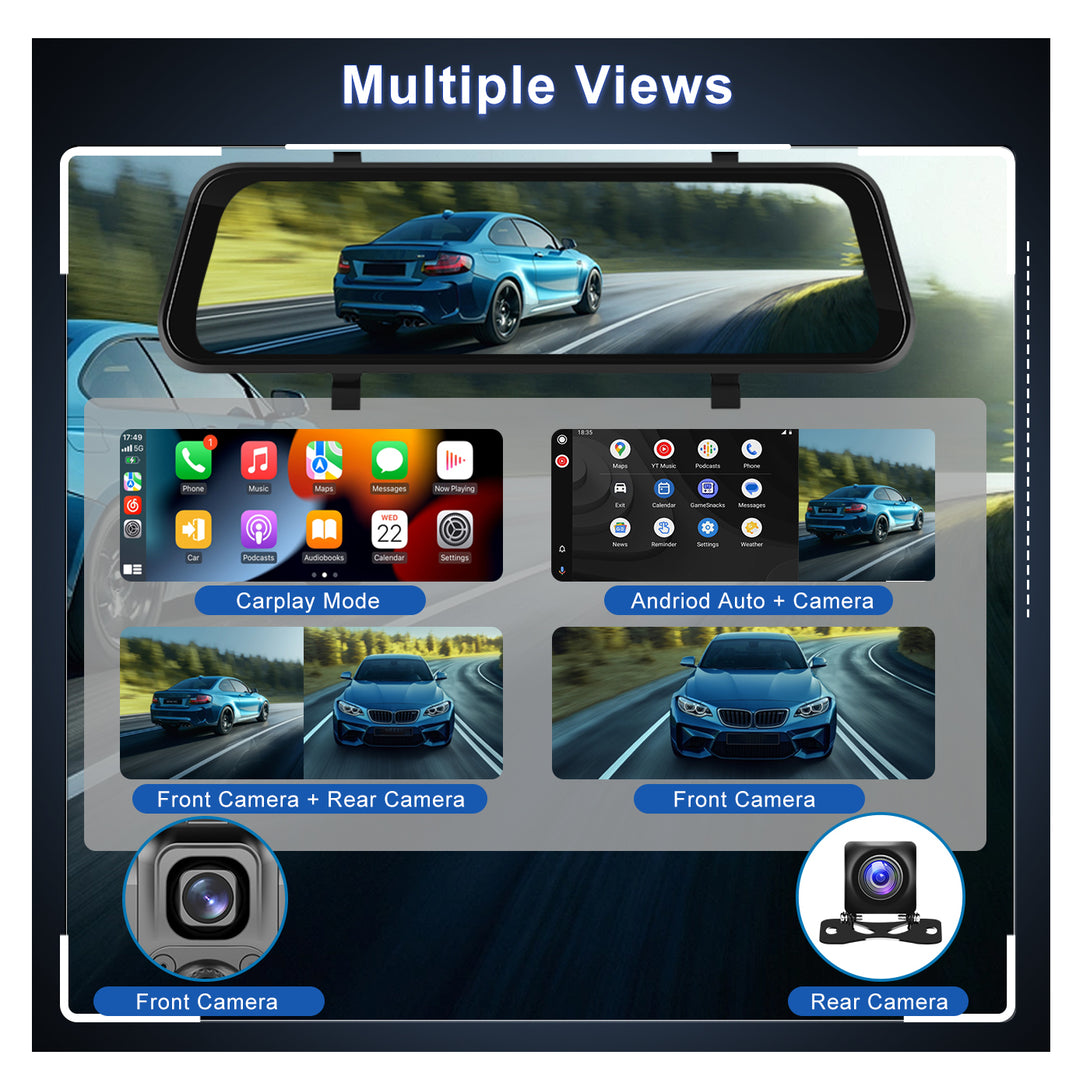 Mirror Dash Cam Wireless Apple Carplay Android Auto, 11.26 Touch Screen  Mirror Backup Camera Front and Rear View Dual Cameras Voice Control Loop