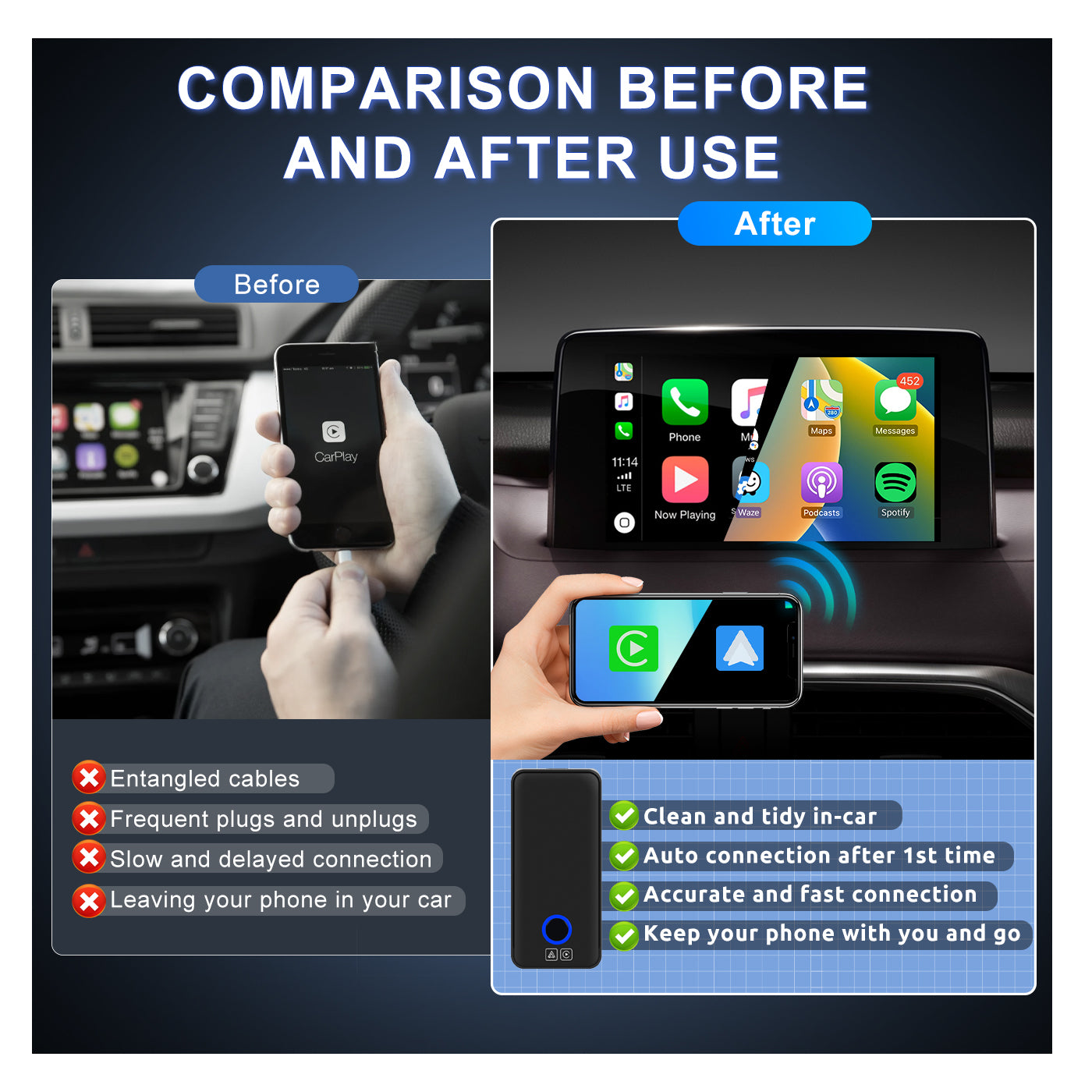 Podofo 2023 Wireless CarPlay Android Auto Adapter for Factory Wired Ca –  PODOFO