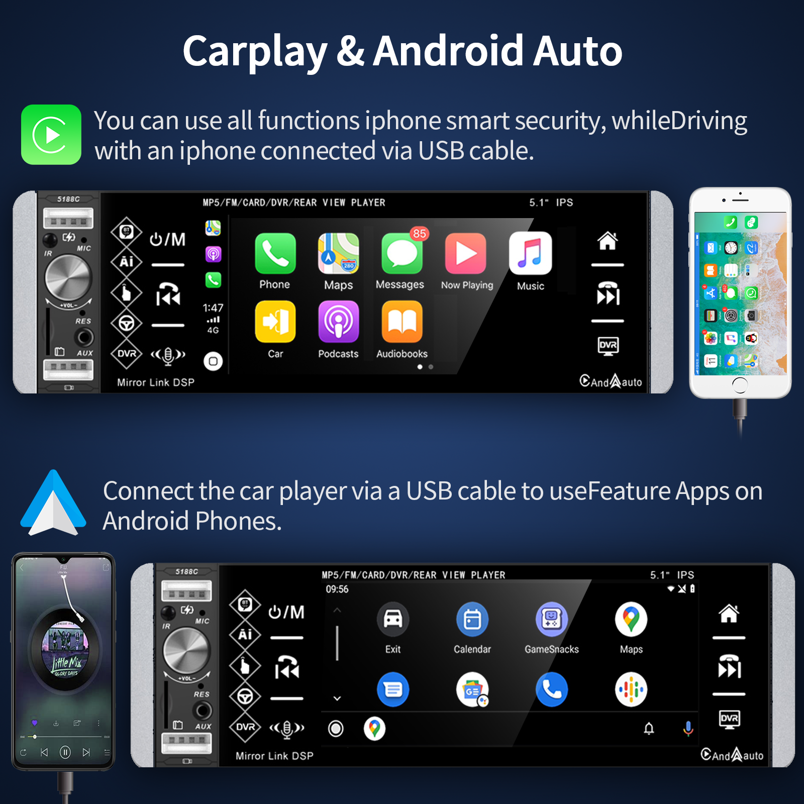 Podofo A2905 1 Din Carplay Car Radio Autoradio 5.1 Touch Screen Car Stereo  Android Auto USB AUX AI Voice with MIC + SWC 12V