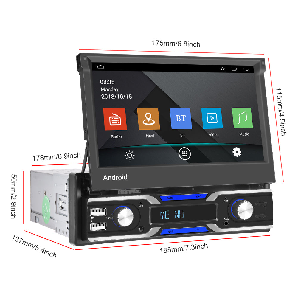 PODOFO 1 Din Android 10.1 Car Radio Autoradio 7'' Foldable Touch Screen  with Wireless Carplay and Android Auto, GPS Navigation/Wifi/Bluetooth/USB/FM